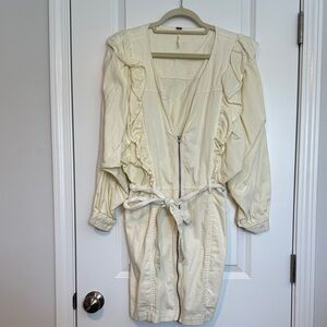 Free People Cream Denim Dress with Ruffles & Zipper Down the Front